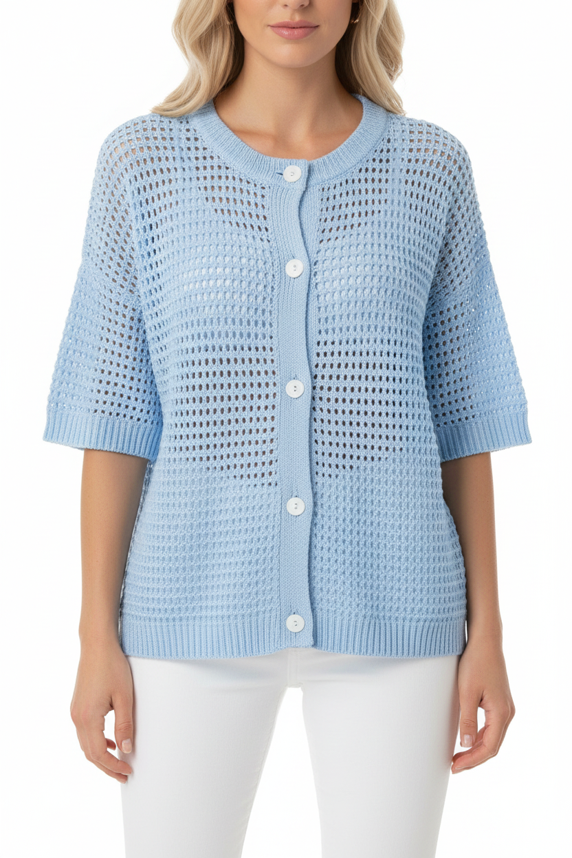 Women's Blue Open Knit Cardigan Beach Cover Up - Hollow-Out Short Sleeve Swimsuit Cover