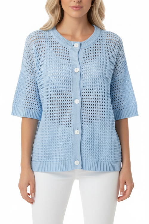 Women's Blue Open Knit Cardigan Beach Cover Up - Hollow-Out Short Sleeve Swimsuit Cover