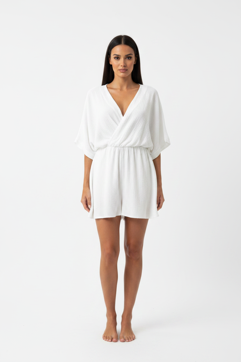 Women's V-Neck Kimono Sleeve Casual Romper - Chic Summer Wrap Shorts Outfit