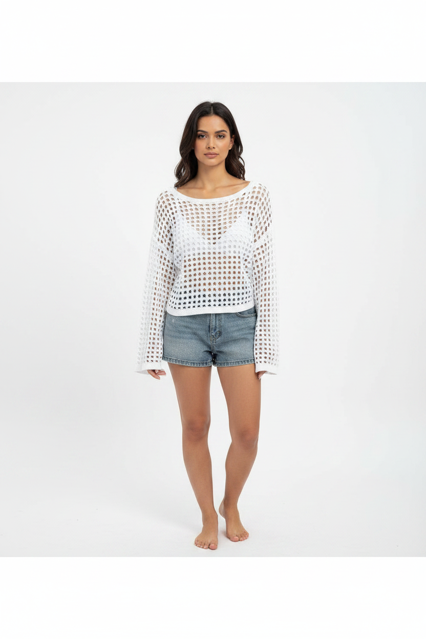 Women's White Hollow-Out Long Sleeve Boho Beach Blouse - Y2K Sexy Cover Up Top