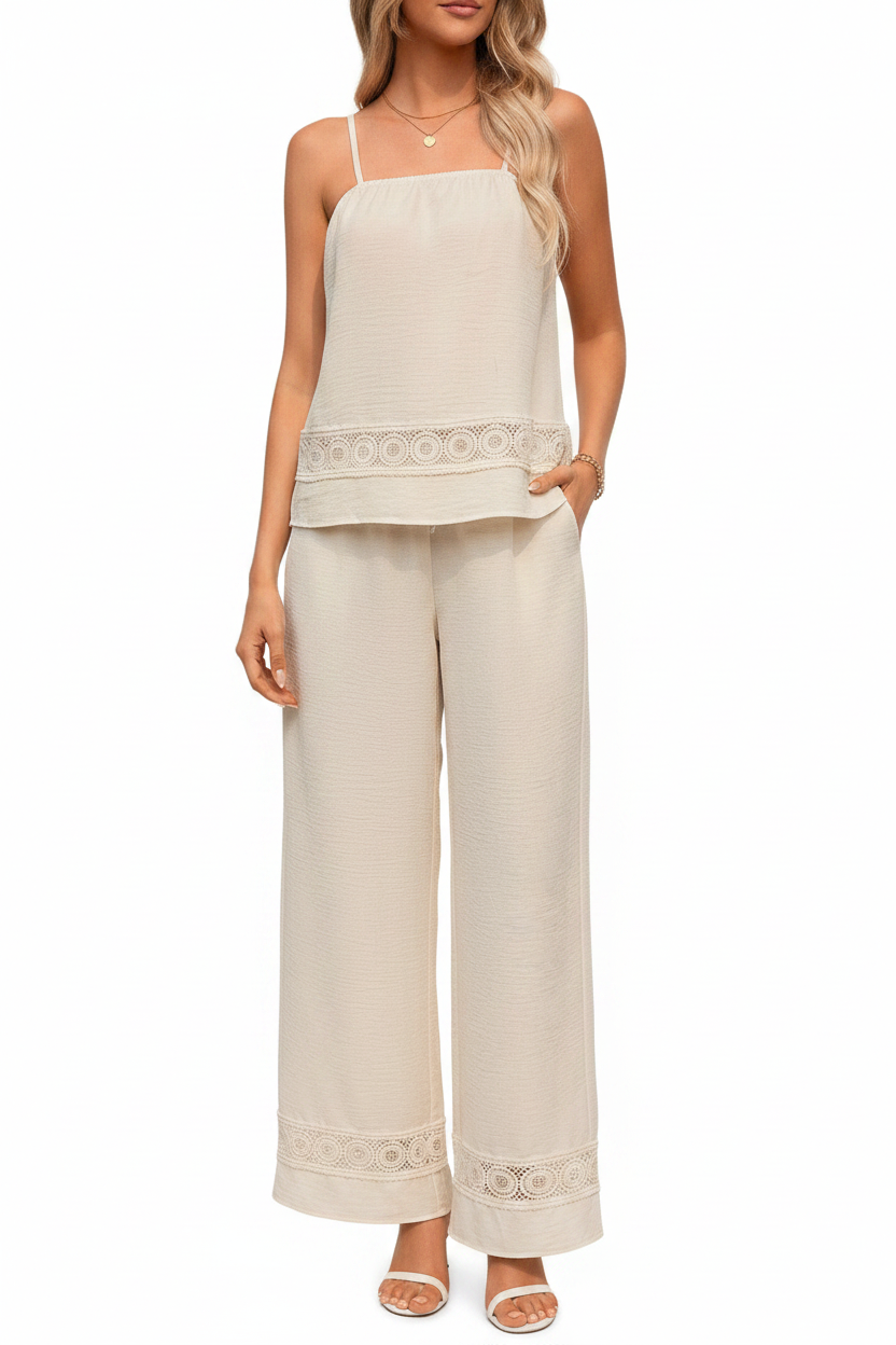 Women's Lace Trim Camisole & Wide-Leg Pants Two-Piece Set - Casual Boho Co-ord