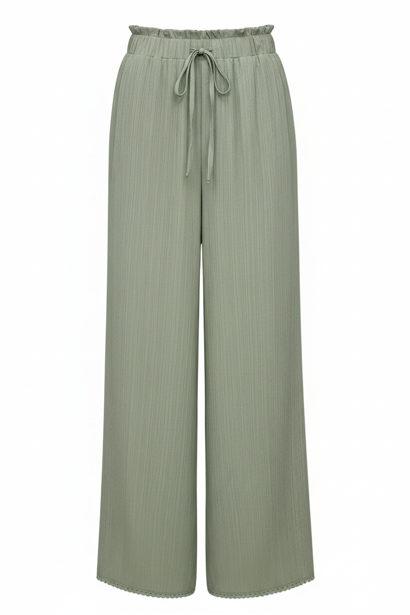 Women's Textured High-Waist Wide-Leg Pants - Drawstring Relaxed Trousers