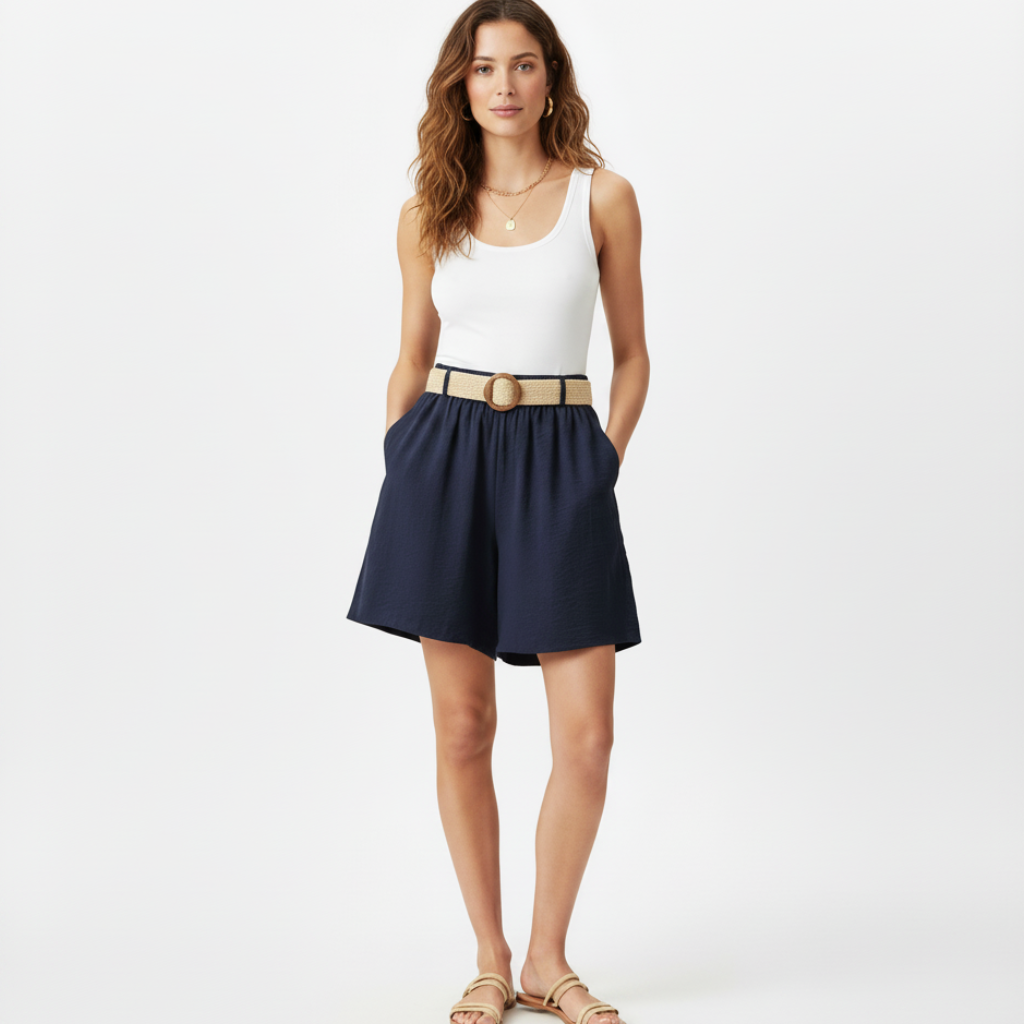 Model wearing navy blue flowy shorts with wide woven belt and round buckle