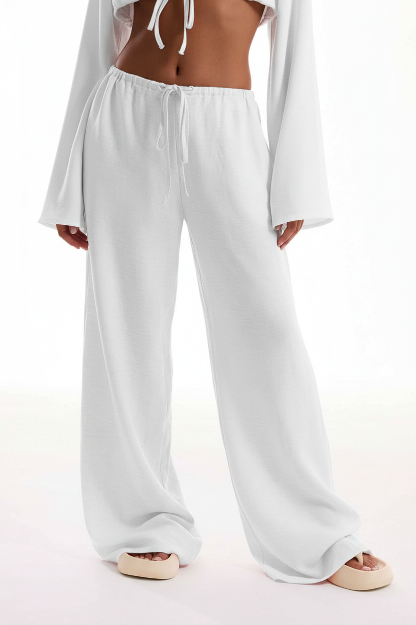 Women's White Wide-Leg Casual Pants - Elastic Waist Drawstring Relaxed Trousers