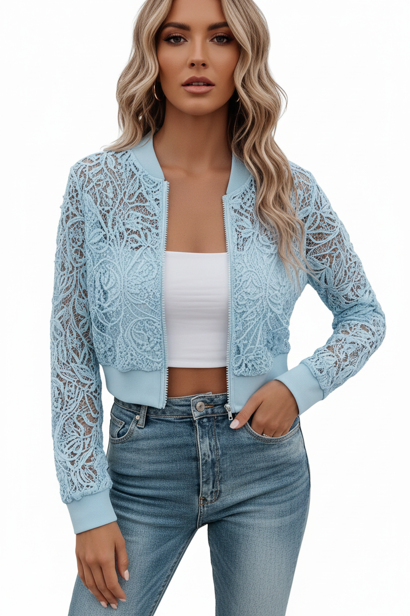 Women's Blue Openwork Floral Lace Crop Jacket - Lightweight Boho Bomber Cover Up