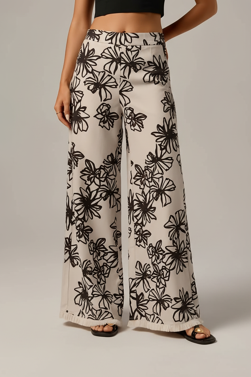 Women's Plant Print Wide-Leg Vacation Pants - Boho Frayed Hem Trousers
