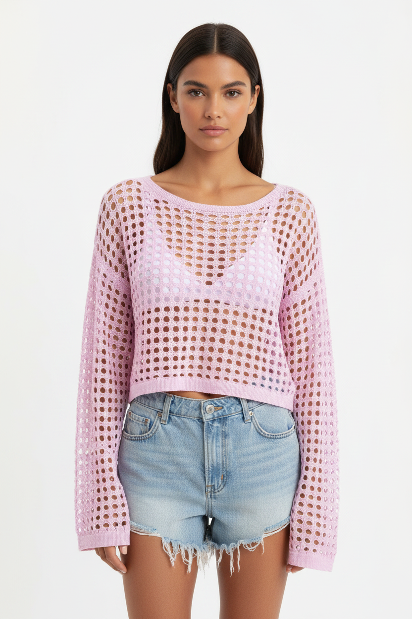 Women's Pink Hollow-Out Long Sleeve Boho Beach Blouse - Y2K Sexy Cover Up Top