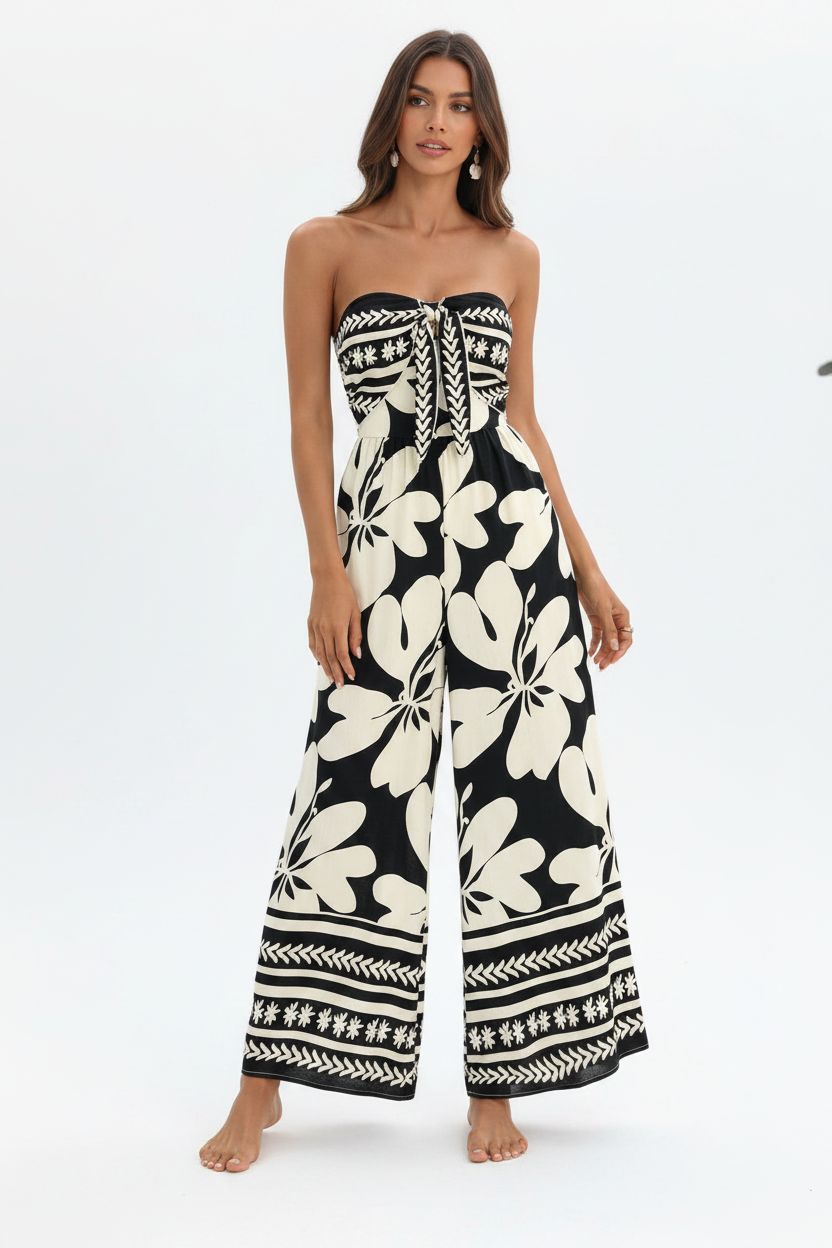 Strapless Floral Print Tie-Front Ruched Jumpsuit