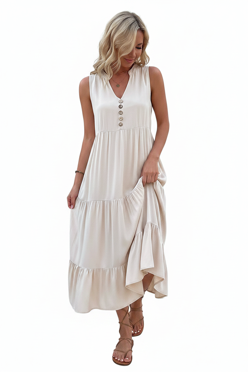 Tiered Midi Dress Beige